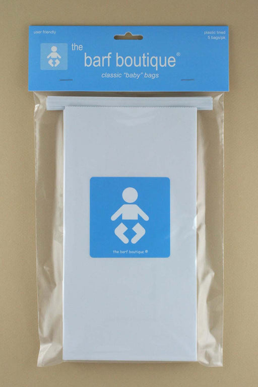 5 pack of morning sickness vomit puke bags with a blue and white baby logo by The Barf Boutique