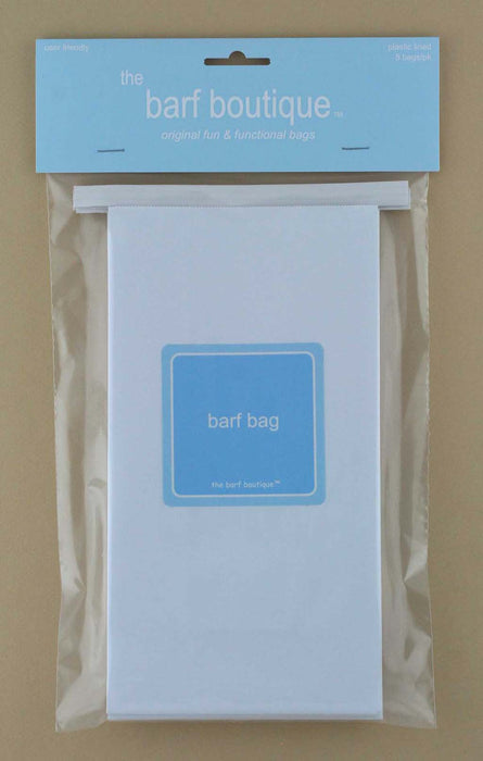 5 pack of throw up vomit bags with the words barf bag in blue by The Barf Boutique