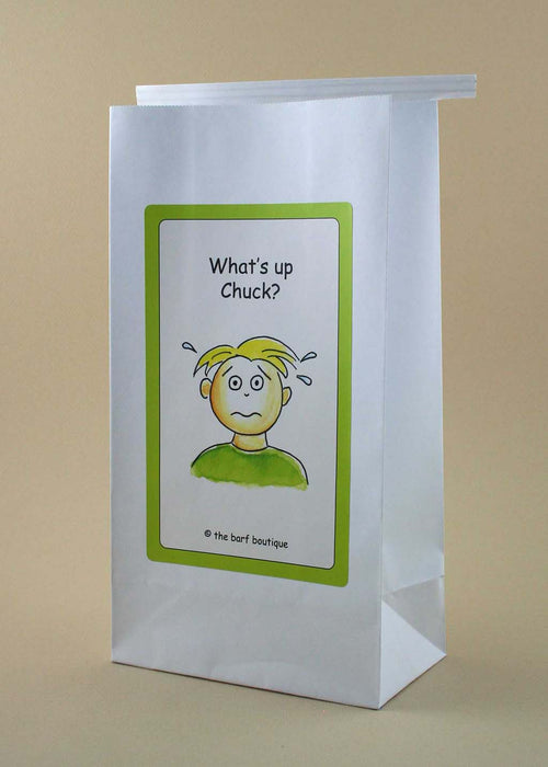 vomit barf bag with a picture of What's Up Chuck? by The Barf Boutique