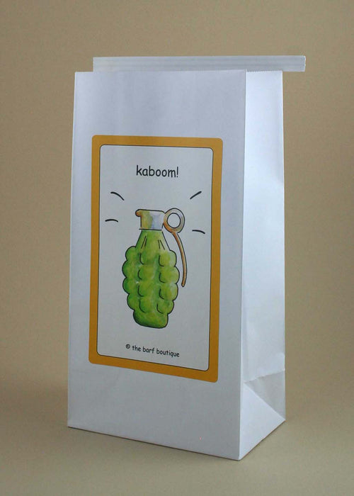vomit barf bag with a picture of a grenade and the words kaboom! by The Barf Boutique