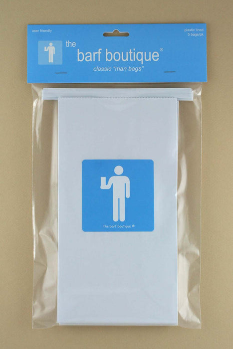 5 pack of vomit barf bags with a man logo by The Barf Boutique