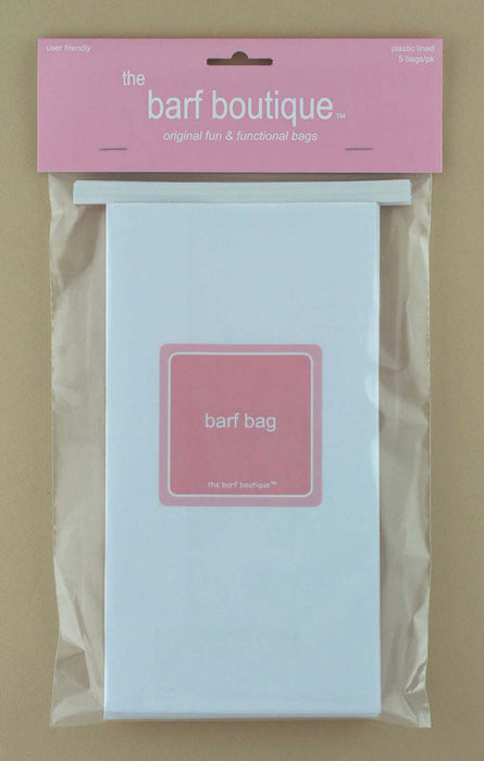 5 pack of throw up vomit bags with the words barf bag in pink by The Barf Boutique