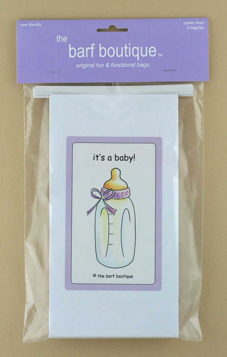 Pack of morning sickness vomit barf bags with a purple baby bottle by The Barf Boutique