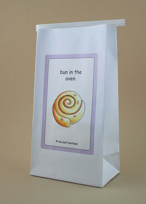 morning sickness vomit bag with a picture of a purple bun in the oven by The Barf Boutique
