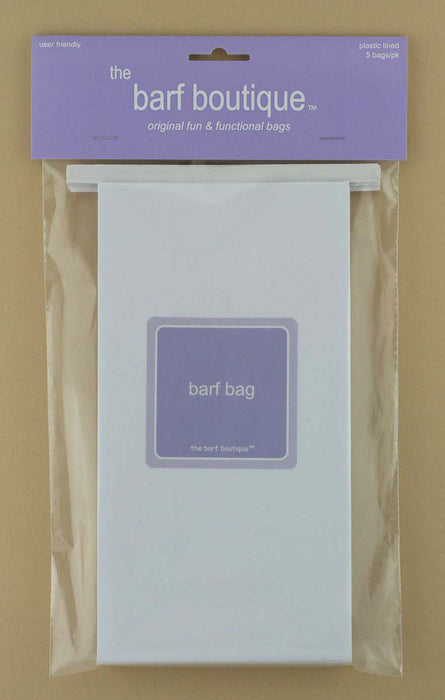 5 pack of throw up vomit bags with the words barf bag in purple by The Barf Boutique