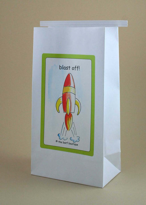 vomit barf bag with a picture of a rocket and the words blast off! by The Barf Boutique