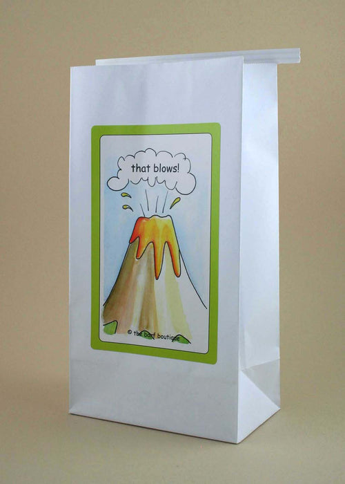vomit barf bag with a picture of a volcano and the words that blows! by The Barf Boutique