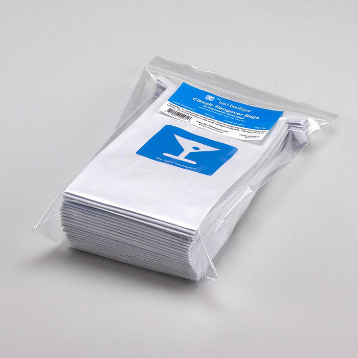 bulk pack of 25 disposable funny vomit barf bags featuring a blue martini logo