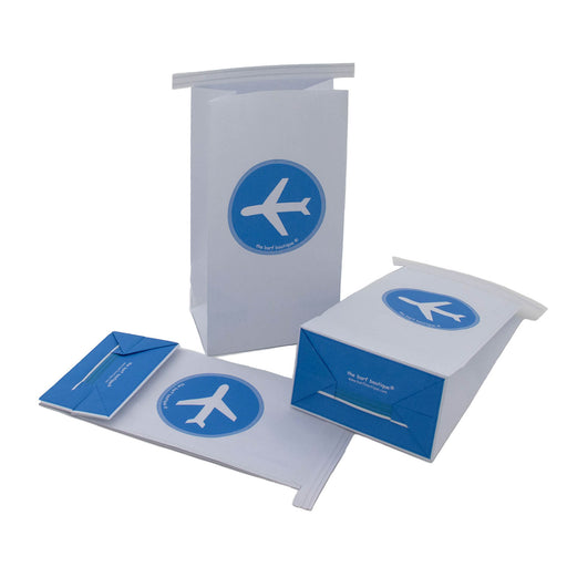 3 airsickness vomit barf bags with a a blue airplane logo on front by The Barf Boutique