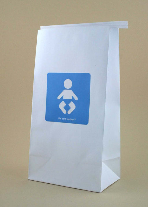 morning sickness barf bag with a blue and white baby logo on the front