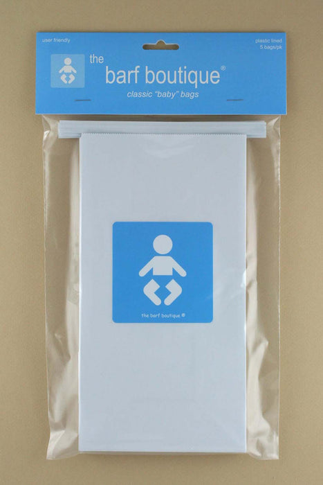 5 pack of morning sickness vomit puke bags with a blue and white baby logo by The Barf Boutique