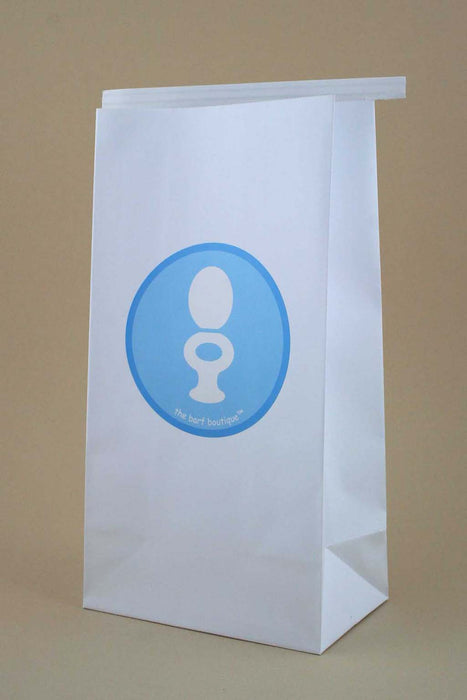 vomit barf bag with a blue toilet logo by The Barf Boutique