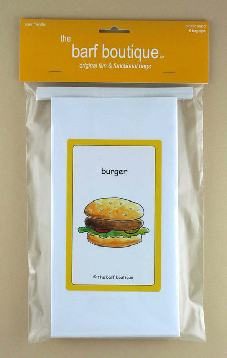 5 pack of novelty vomit barf bags with a picture of a burger by The Barf Boutique
