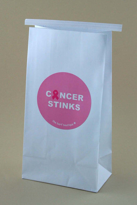 chemo vomit barf bag with a pink cancer stinks logo by The Barf Boutique