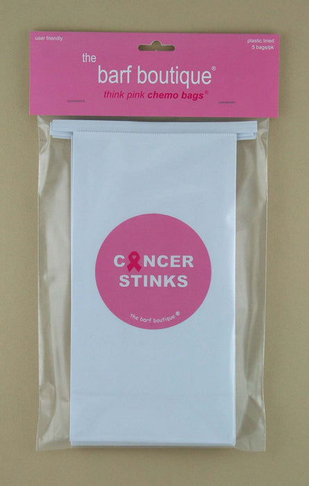 5 pack of chemo vomit barf bags with a pink cancer stinks logo by The Barf Boutique