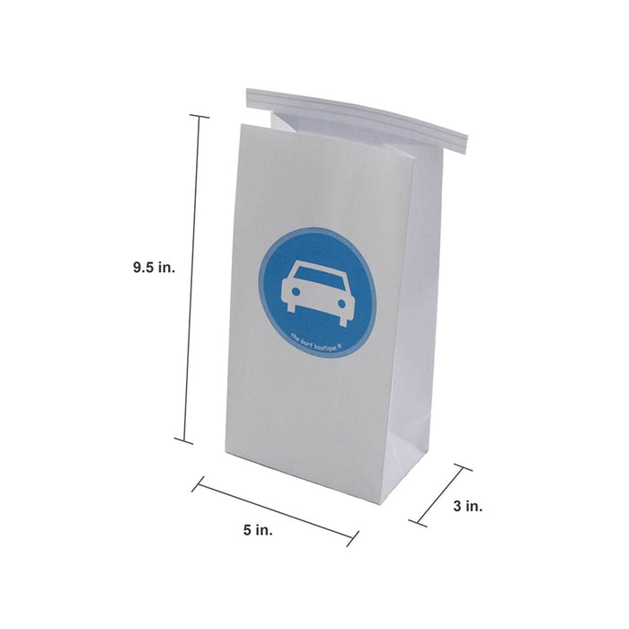 disposable vomit puke barf bag with a car logo on front and bag dimensions 9.5 x 5 x 3 inches