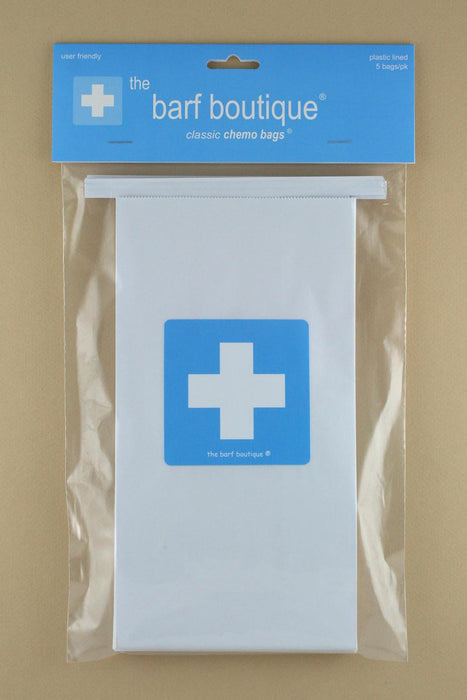 5 pack of chemo vomit barf bags with a blue and white medical cross logo by The Barf Boutique