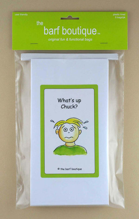 5 pack of vomit barf bags with a picture of What's Up Chuck? by The Barf Boutique