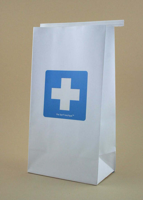 chemo vomit barf bag with blue medical cross logo by The Barf Boutique