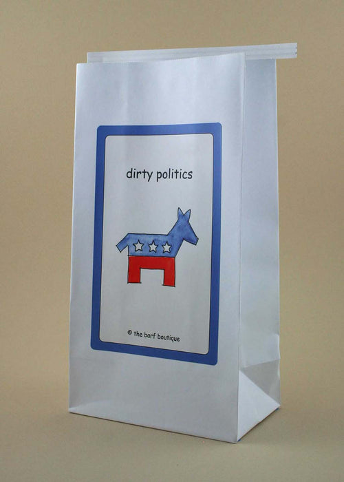 vomit barf bag with a picture of a donkey and the words dirty politics by The Barf Boutique