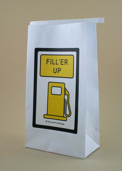 novelty car sickness bag with a filler up sign by The Barf Boutique