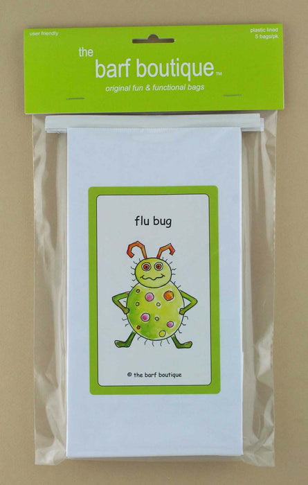 5 pack of vomit barf bags with a picture of a flu bug by The Barf Boutique
