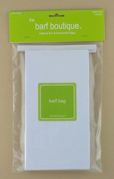 5 pack of throw up vomit bags with the words barf bag in green by The Barf Boutique