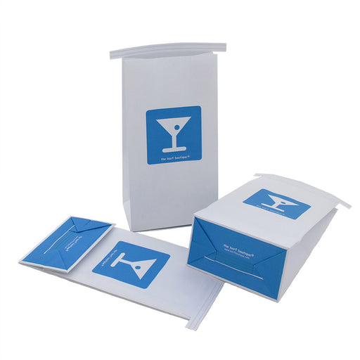 3 disposable vomit barf bags with a blue martini logo on the front by The Barf Boutique