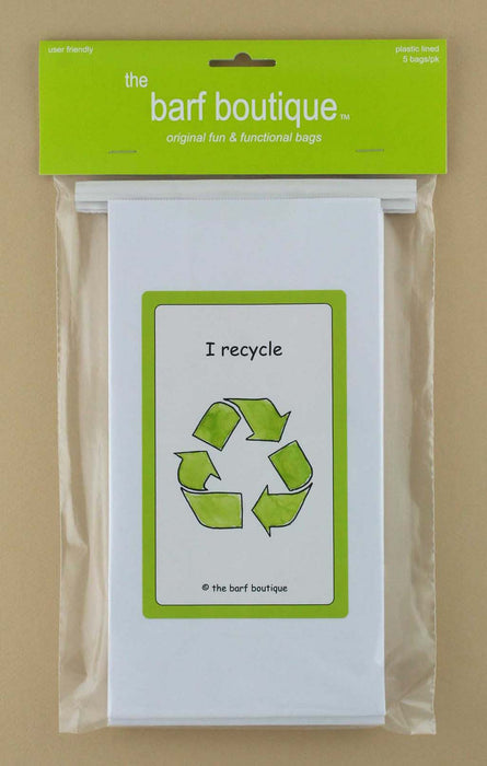 5 pack of novelty vomit barf bags with a green recycle sign by The Barf Boutique
