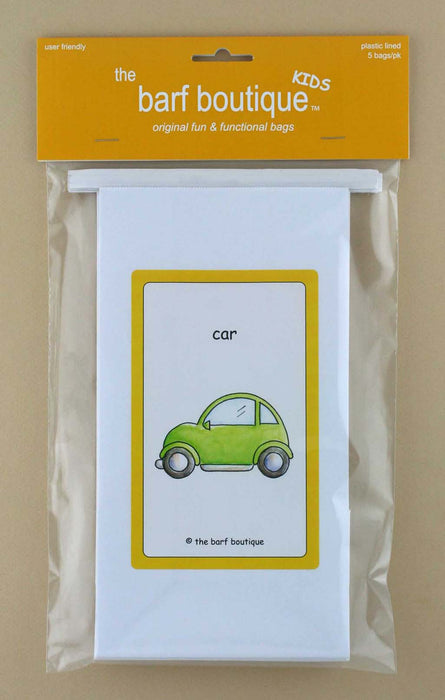 5 pack of kid's car sickness bags with a picture of a car by The Barf Boutique