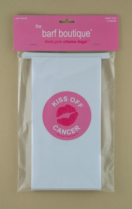 5 pack of chemo vomit barf bags with a pink kiss off cancer logo by The Barf Boutique