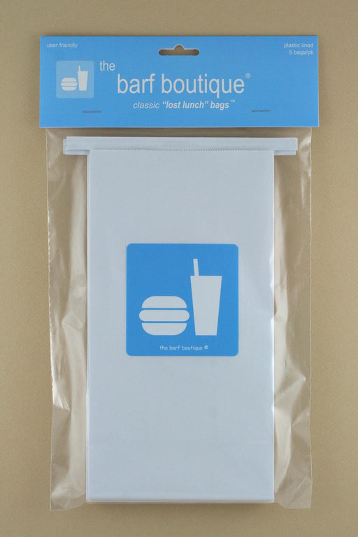 5 pack of vomit barf bags with a blue food logo by The Barf Boutique
