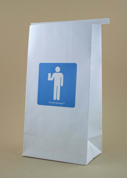 vomit barf bag with a blue man logo by The Barf Boutique