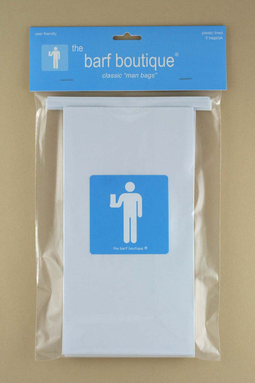 5 pack of vomit barf bags with a man logo by The Barf Boutique