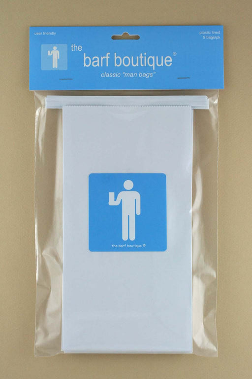 5 pack of vomit barf bags with a man logo by The Barf Boutique