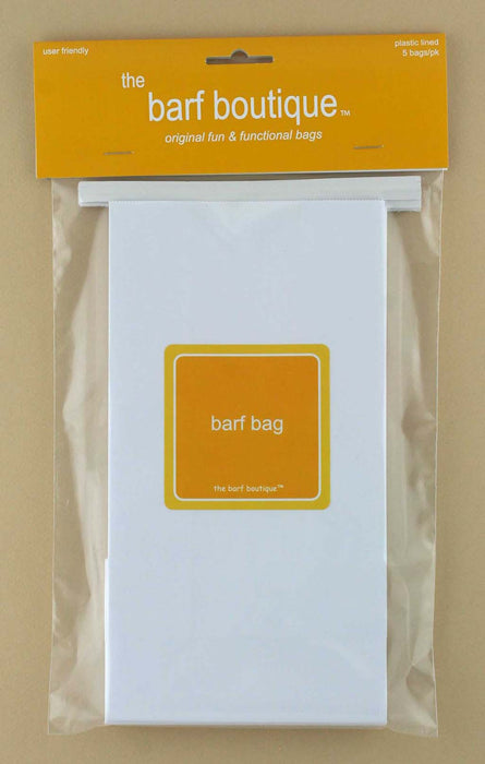 5 pack of throw up vomit bags with the words barf bag in orange by The Barf Boutique