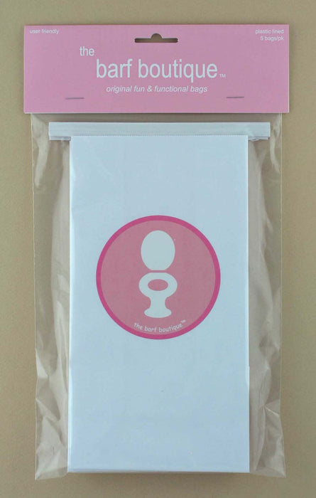 5 pack of vomit barf bags with a pink toilet logo by The Barf Boutique
