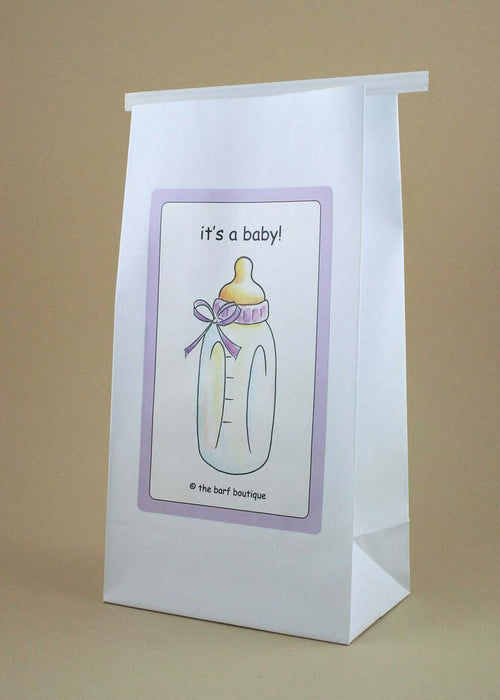 morning sickness vomit bag with a picture of a purple baby bottle by The Barf Boutique