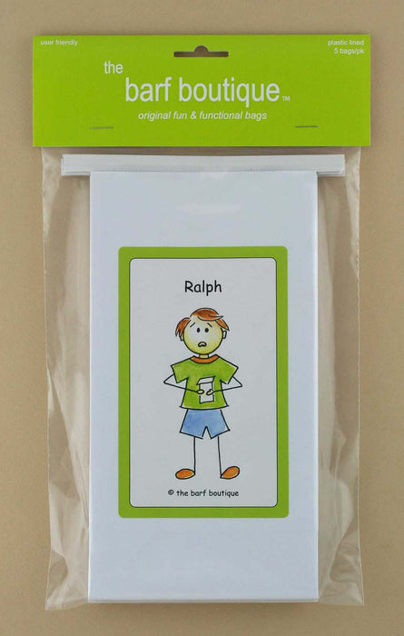 5 pack of vomit barf bags with a picture of Ralph by The Barf Boutique