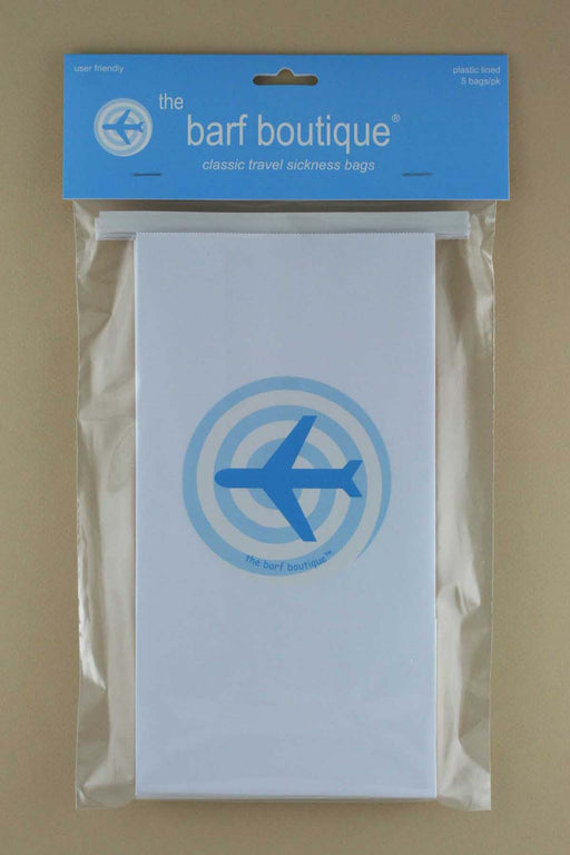 5 pack of airsickness vomit bags with vertigo airplane design by The Barf Boutique